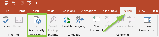 the editing ribbon in Microsoft Power Point showing the Review tab and highlighting the check accessibility button